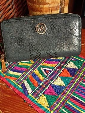 Michael Kors Black Textured Zip Around  Wallet with Gold MK Emblem